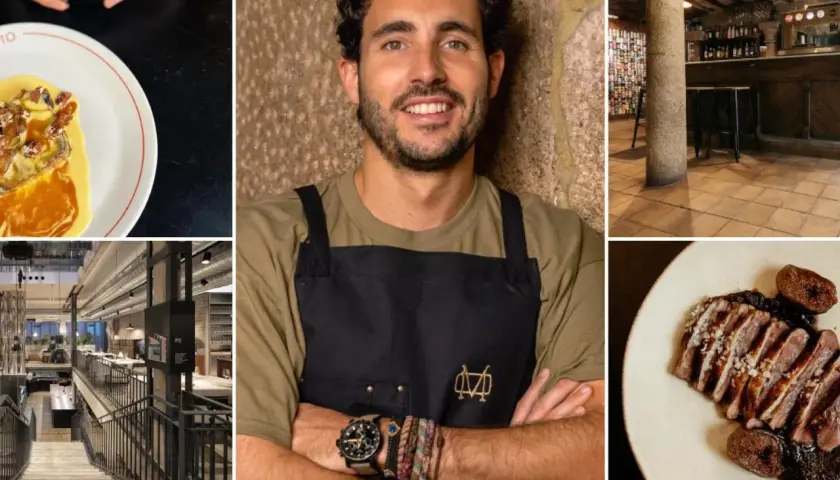 Chef sonriente, plato de pato con higos, café latte art y el interior de un restaurante moderno. Ideas para donde comer en Pontevedra.
