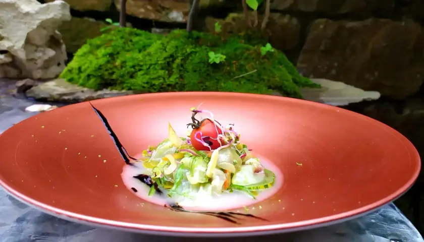 Deliciosa ensalada con tomate y brotes, una opción para saber donde comer en Lierganes.
