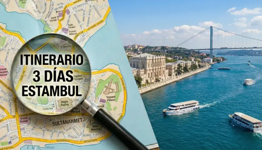 Planifica tu itinerario de 3 días en Estambul con este mapa y lupa, mientras admiras el Bósforo y sus barcos.