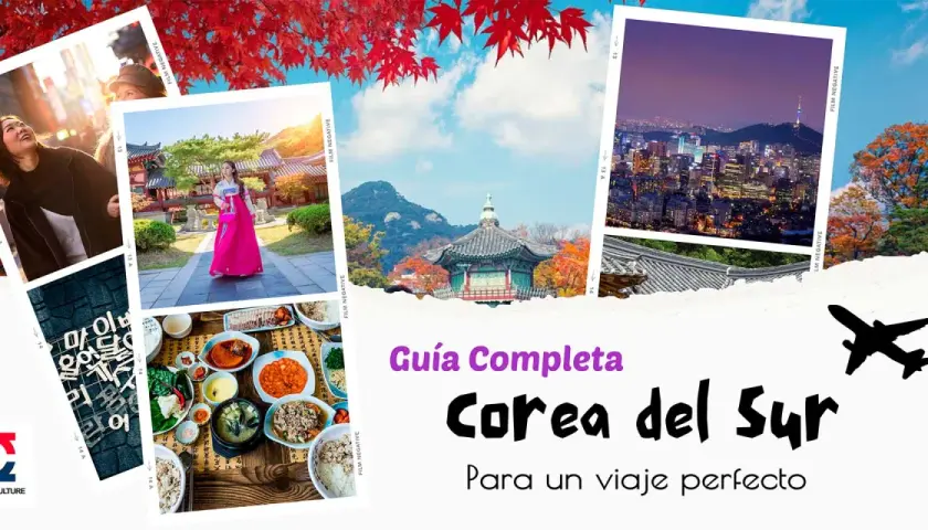 Imágenes de Corea del Sur: una mujer con hanbok, comida, ciudad de noche y un avión. ¡Prepárate para viajar a Corea del Sur!