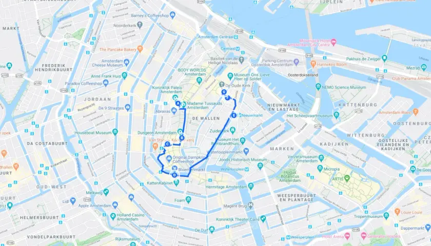 Mapa de Ámsterdam con ruta para ver en Ámsterdam en 3 días: canales, museos y barrios.