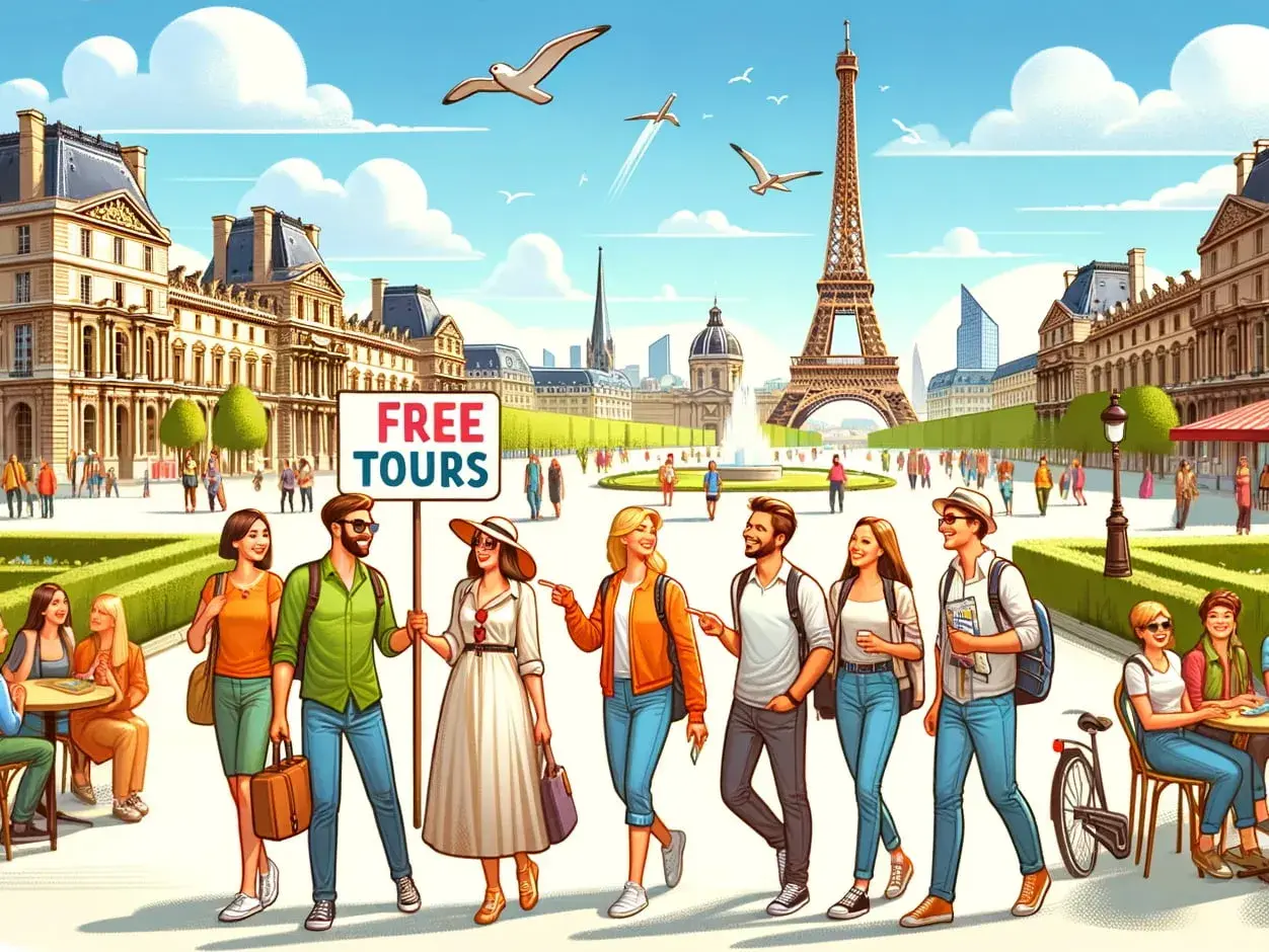 Grupo de turistas felices explorando París, con la Torre Eiffel de fondo y un cartel de "Free Tours".