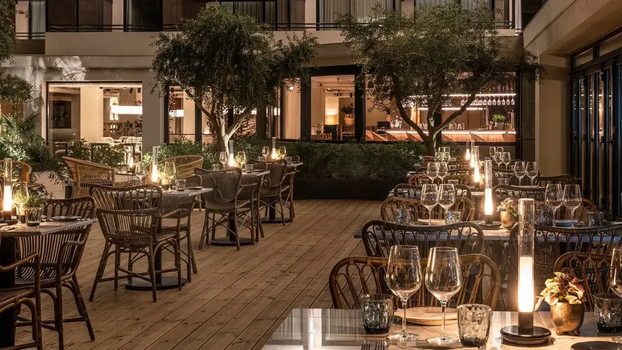 Terraza de restaurante con mesas puestas y luces tenues, ideal para saber donde comer en Benidorm.