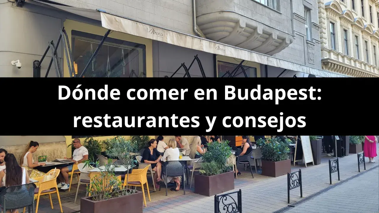 Gente disfrutando de una comida al aire libre en Budapest. El texto dice "Dónde comer en Budapest: restaurantes y consejos".
