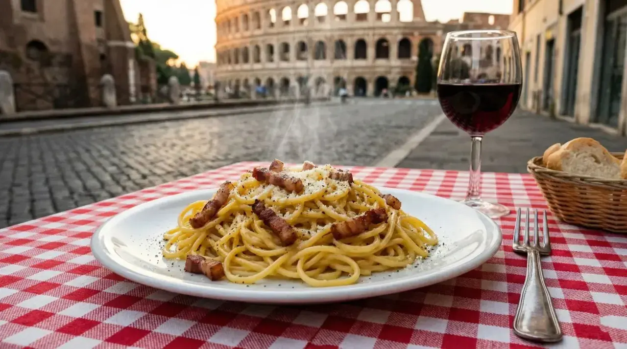 Un plato de espaguetis carbonara humeante, una copa de vino tinto y pan en una mesa con mantel a cuadros rojos y blancos. El Coliseo de Roma al fondo. ¡La mejor experiencia donde comer en Roma!