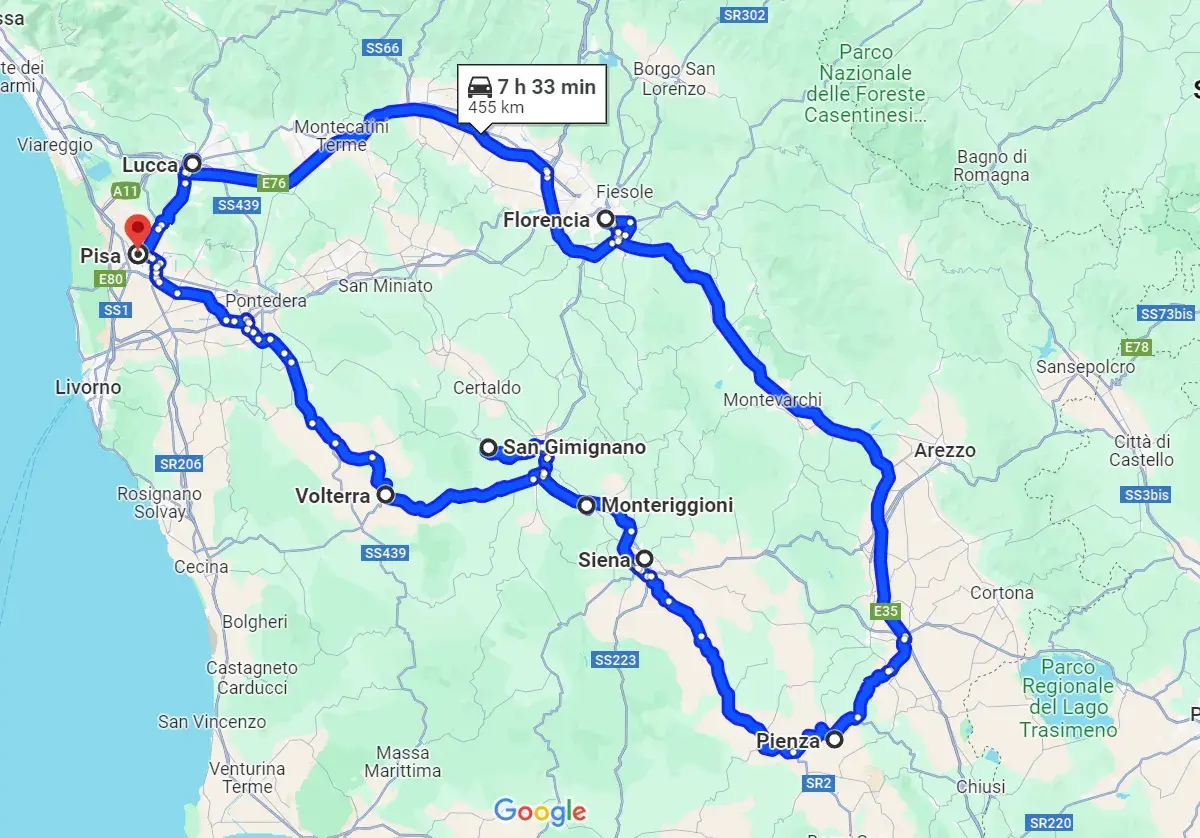 Ruta circular por el norte de Italia, pasando por Pisa, Lucca, Florencia, Siena y Arezzo.