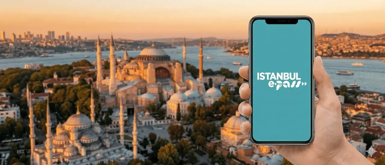 Disfruta tu viaje a Estambul con el Istanbul e-pass en tu móvil. Vista panorámica de la ciudad con la Mezquita Azul y Santa Sofía.