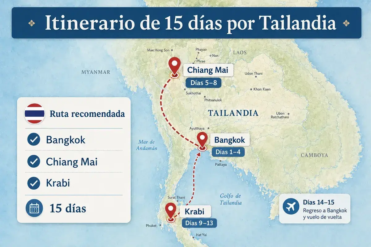 Mapa de un viaje a Tailandia de 15 días, mostrando la ruta recomendada: Bangkok, Chiang Mai y Krabi.