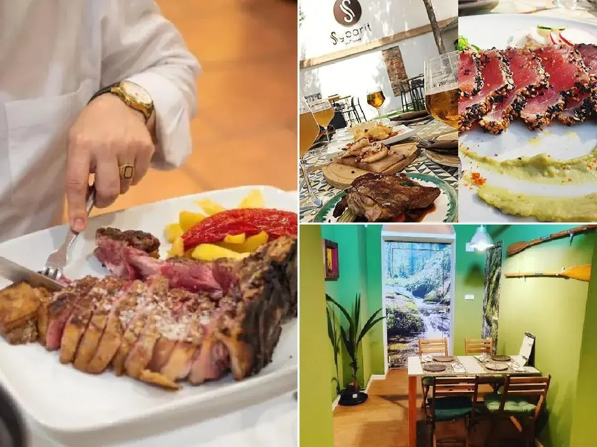 Un festín de carnes y atún sellado, ideal para saber donde comer en Mérida. Mesas listas para disfrutar.