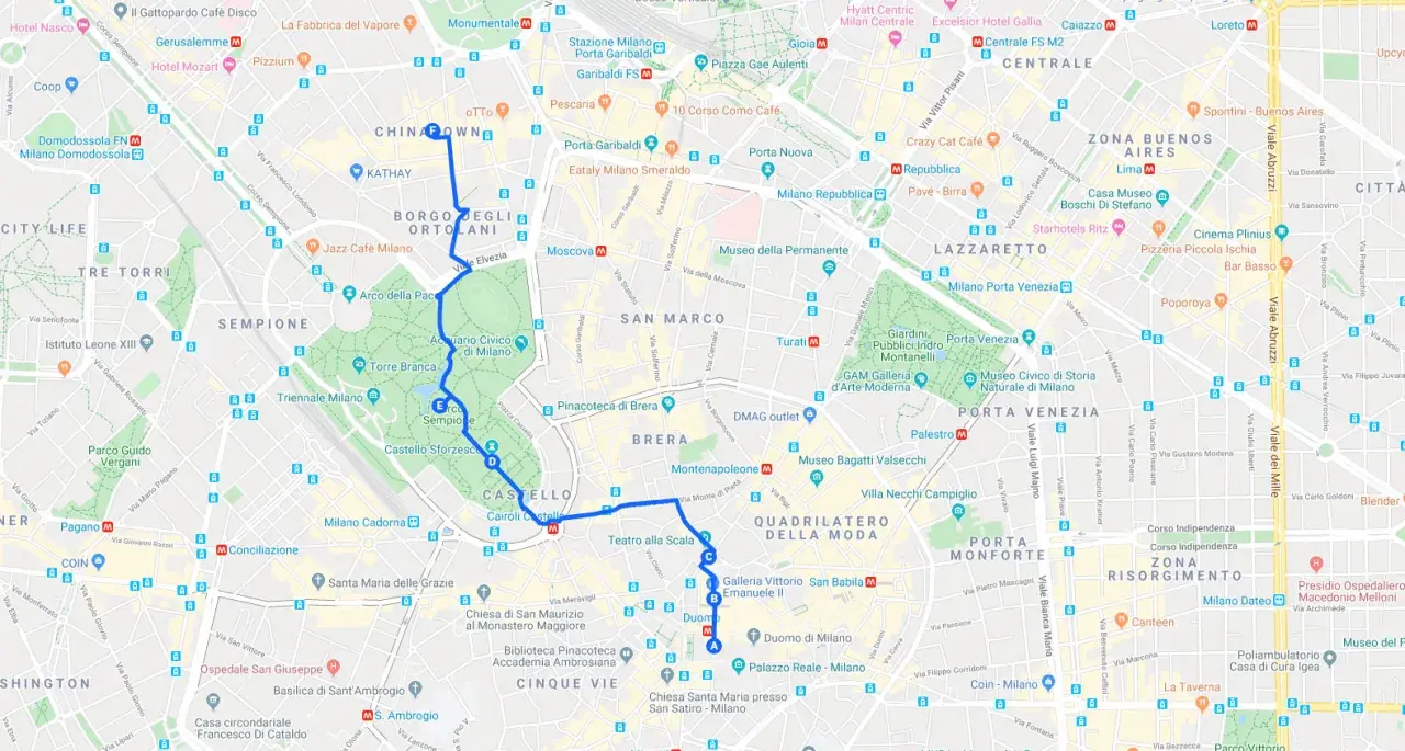 Ruta a pie por Milán: Duomo, Galleria Vittorio Emanuele II, Teatro alla Scala, Castello Sforzesco, Parco Sempione. Ideal para ver en Milán en 2 días.