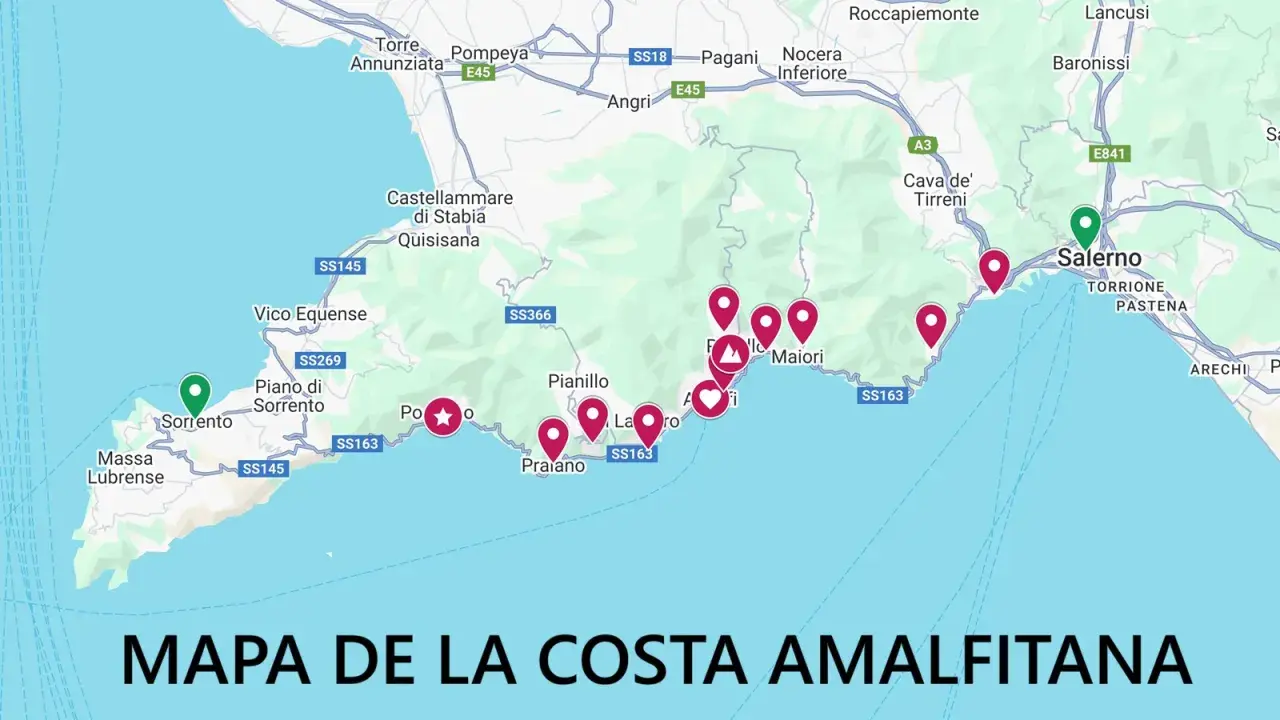Mapa de la costa Amalfitana con marcadores en pueblos como Sorrento, Positano, Amalfi y Salerno.