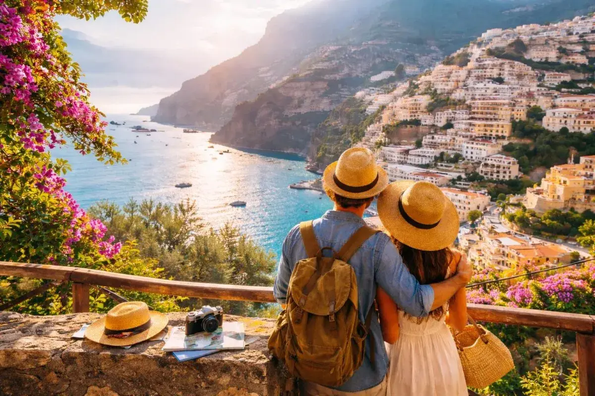 Pareja con sombreros admira la costa italiana. Planear cómo viajar barato es clave para disfrutar de vistas así.