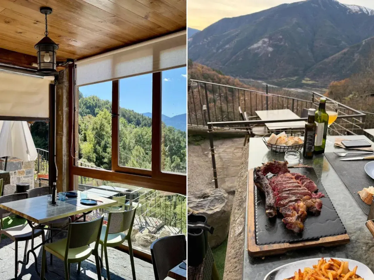 Comer en Huesca con vistas espectaculares. Un chuletón jugoso y patatas fritas esperan en una terraza montañosa.