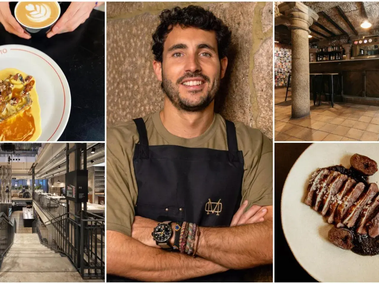 Chef sonriente, plato de pato con higos, café latte art y el interior de un restaurante moderno. Ideas para donde comer en Pontevedra.