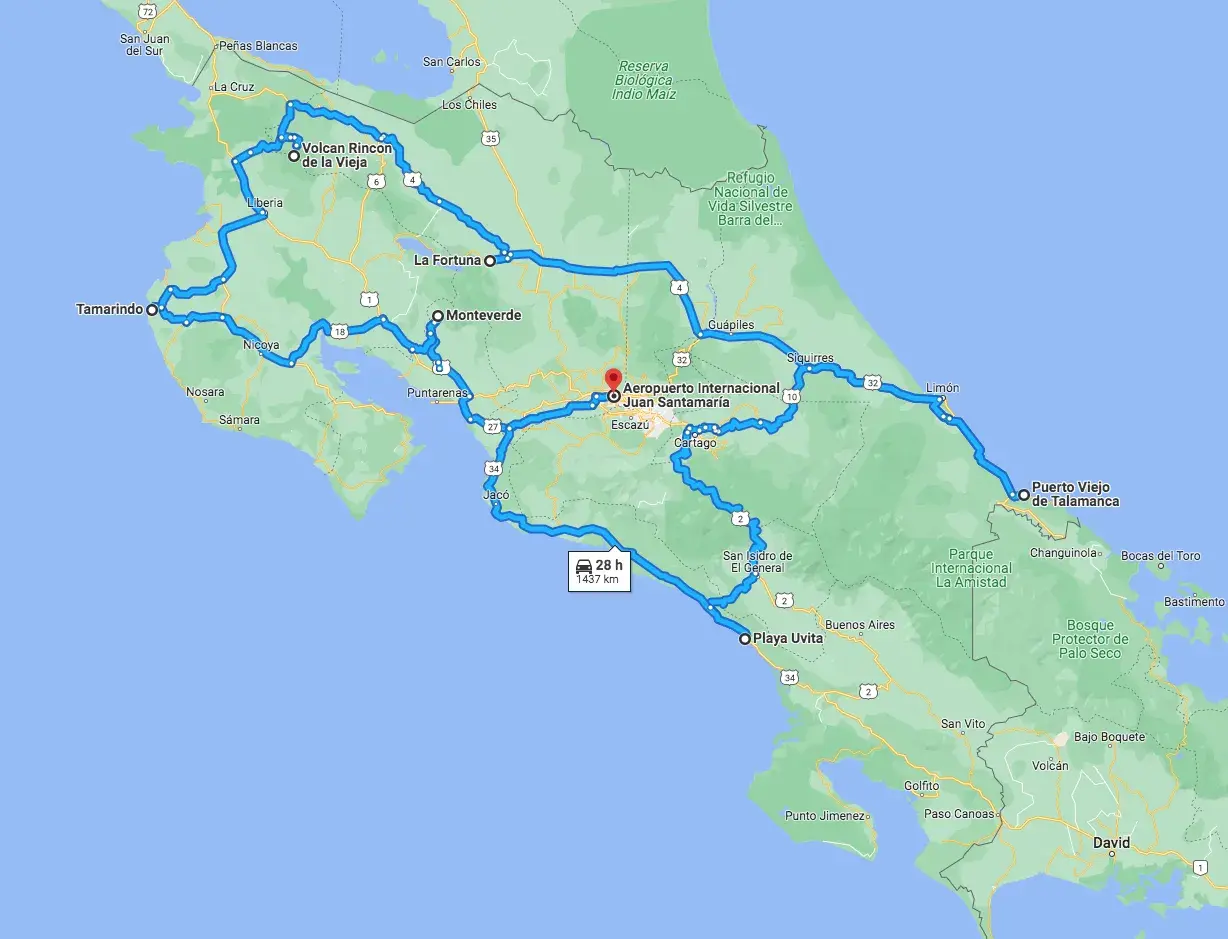 Ruta detallada para viajar a Costa Rica, incluyendo volcanes, playas y parques nacionales.
