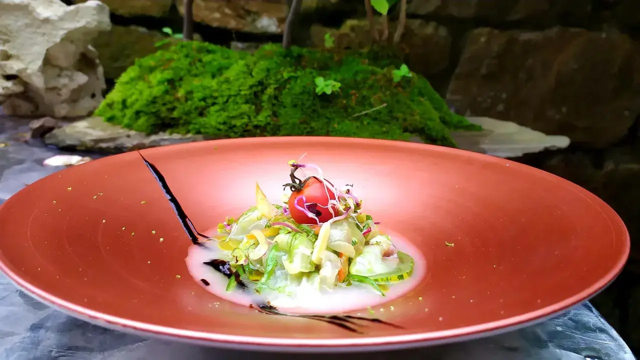 Deliciosa ensalada con tomate y brotes, una opción para saber donde comer en Lierganes.