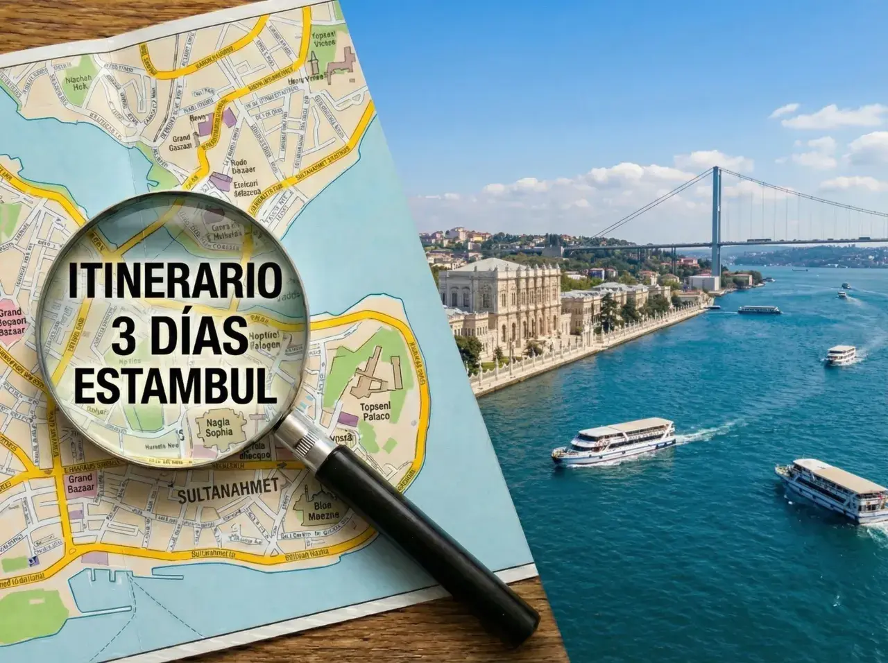 Planifica tu itinerario de 3 días en Estambul con este mapa y lupa, mientras admiras el Bósforo y sus barcos.