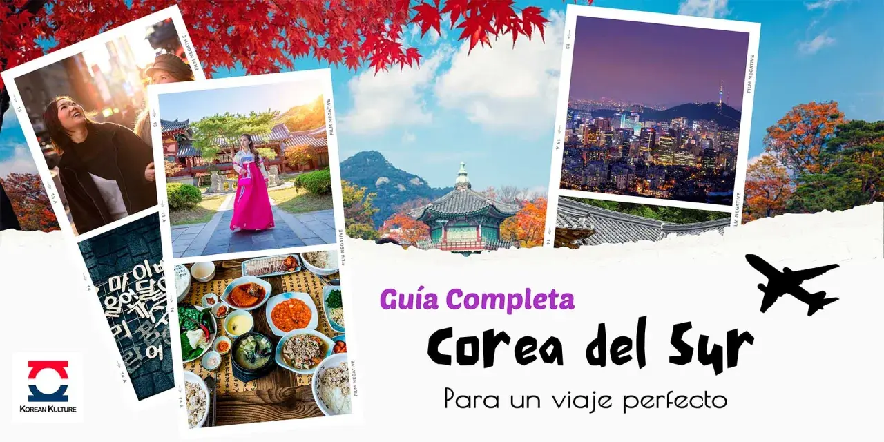 Imágenes de Corea del Sur: una mujer con hanbok, comida, ciudad de noche y un avión. ¡Prepárate para viajar a Corea del Sur!