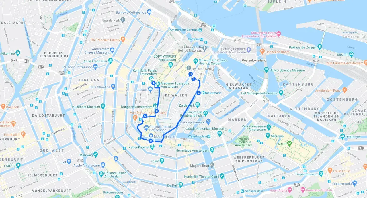 Mapa de Ámsterdam con ruta para ver en Ámsterdam en 3 días: canales, museos y barrios.