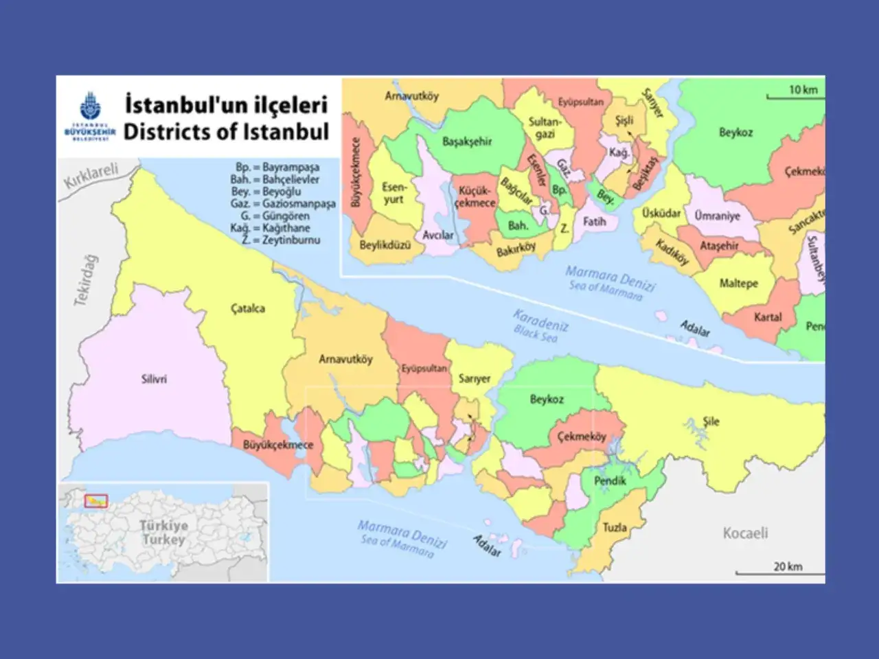 Mapa de los distritos de Estambul, útil para planificar tu viaje a Estambul y explorar sus diversas áreas.