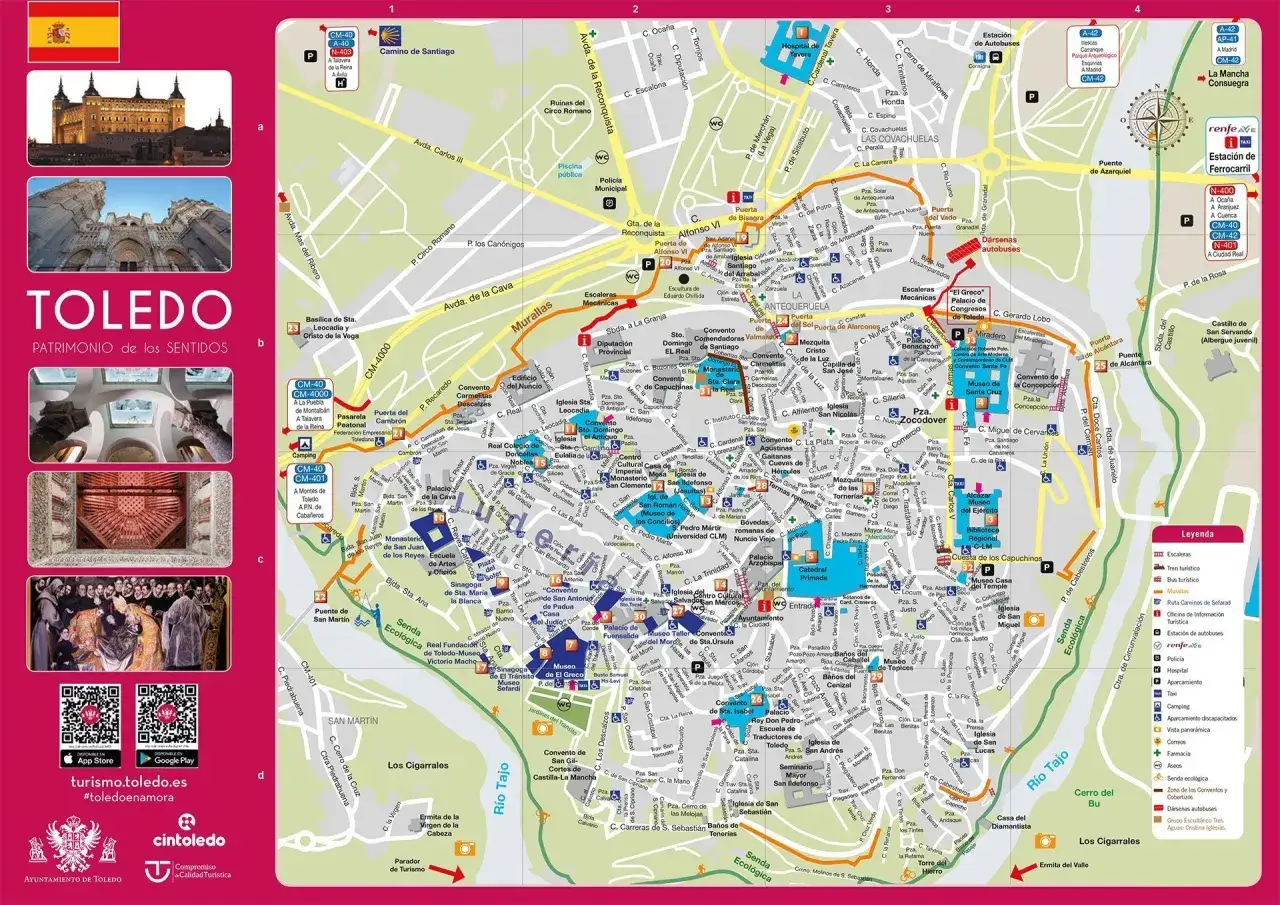Mapa turístico de Toledo, ideal para planificar qué ver en Toledo en un día. Muestra monumentos, calles y puntos de interés.