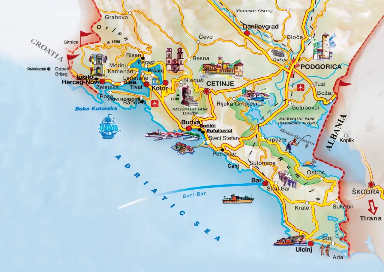 Mapa de Montenegro con ciudades como Kotor, Budva y Podgorica, ideal para planificar tu viaje.