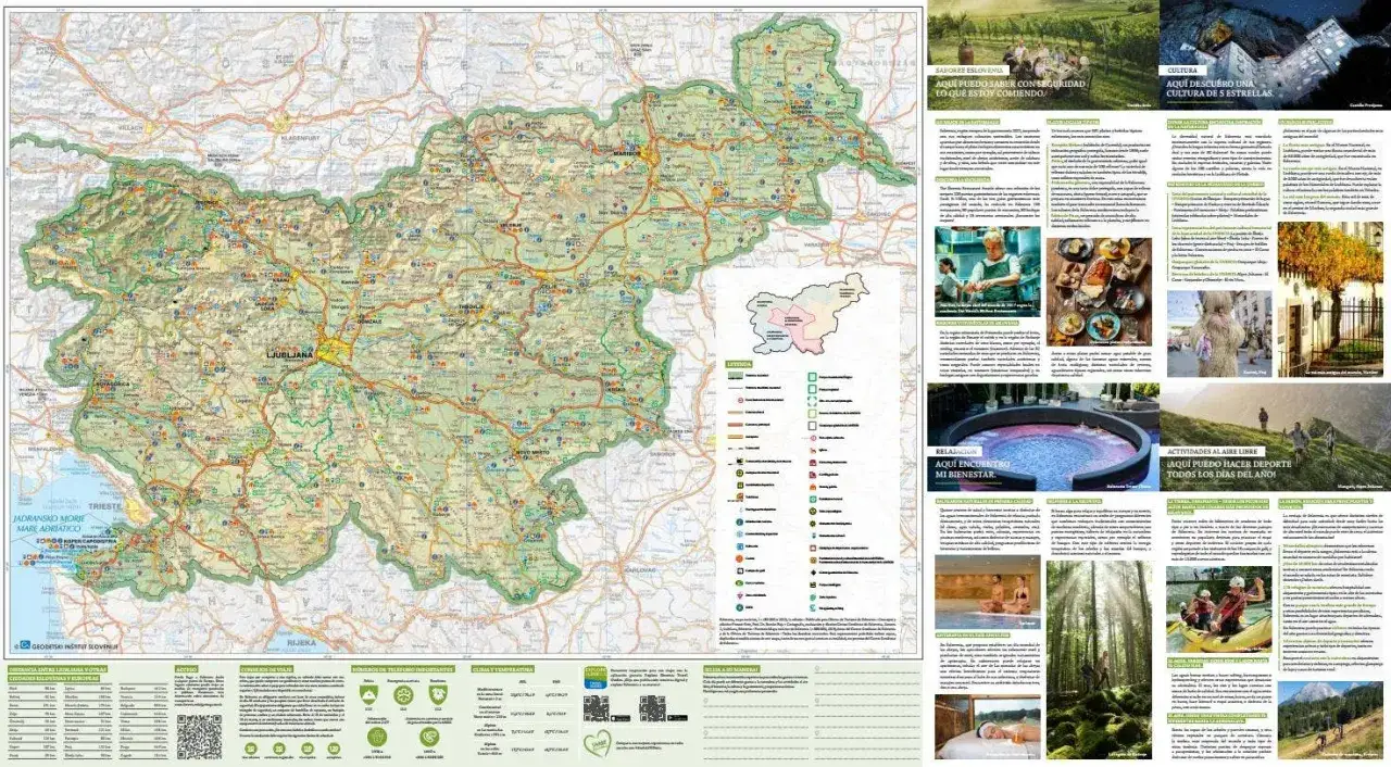 Mapa de Eslovenia con información turística. Ideal para planificar tu viaje a Eslovenia, descubriendo su gastronomía, cultura y actividades al aire libre.