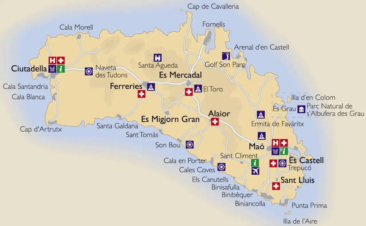 Mapa de Menorca con rutas y puntos de interés. Ideal para planificar qué ver en Menorca en 3 días, desde Ciutadella a Maó.