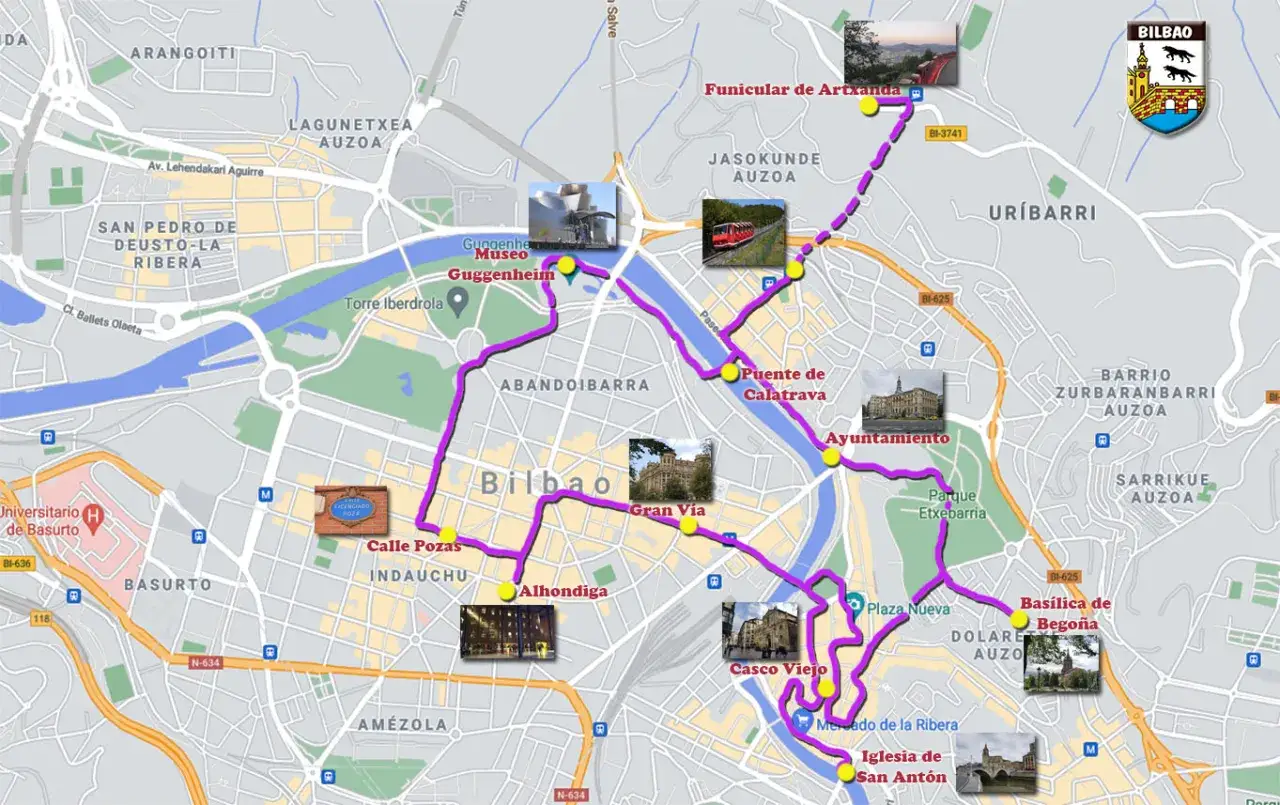 Mapa de Bilbao con ruta marcada para un free tour, incluyendo el Museo Guggenheim, Puente de Calatrava, Ayuntamiento y Casco Viejo.