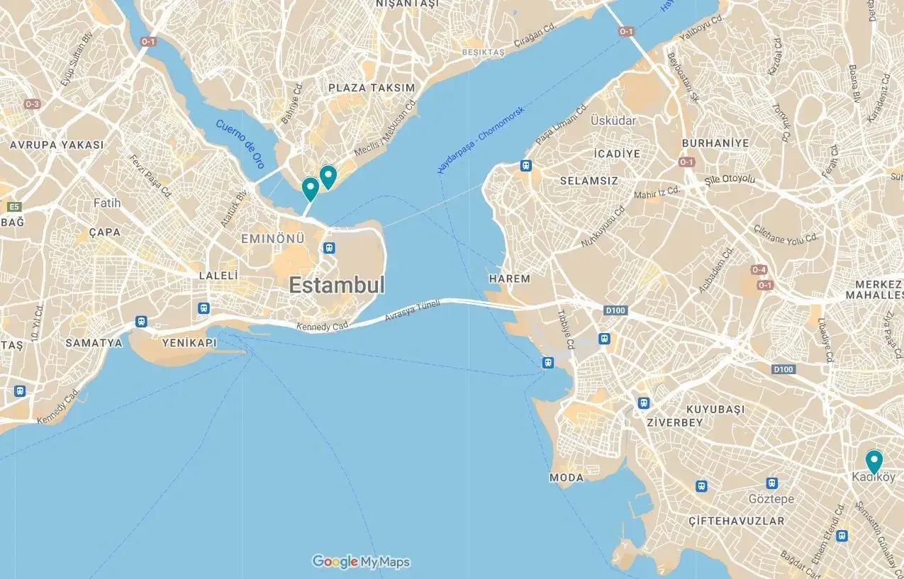 Mapa de Estambul con puntos de interés, ideal para planificar tu visita de Estambul en 3 días. Muestra el Cuerno de Oro y el Bósforo.