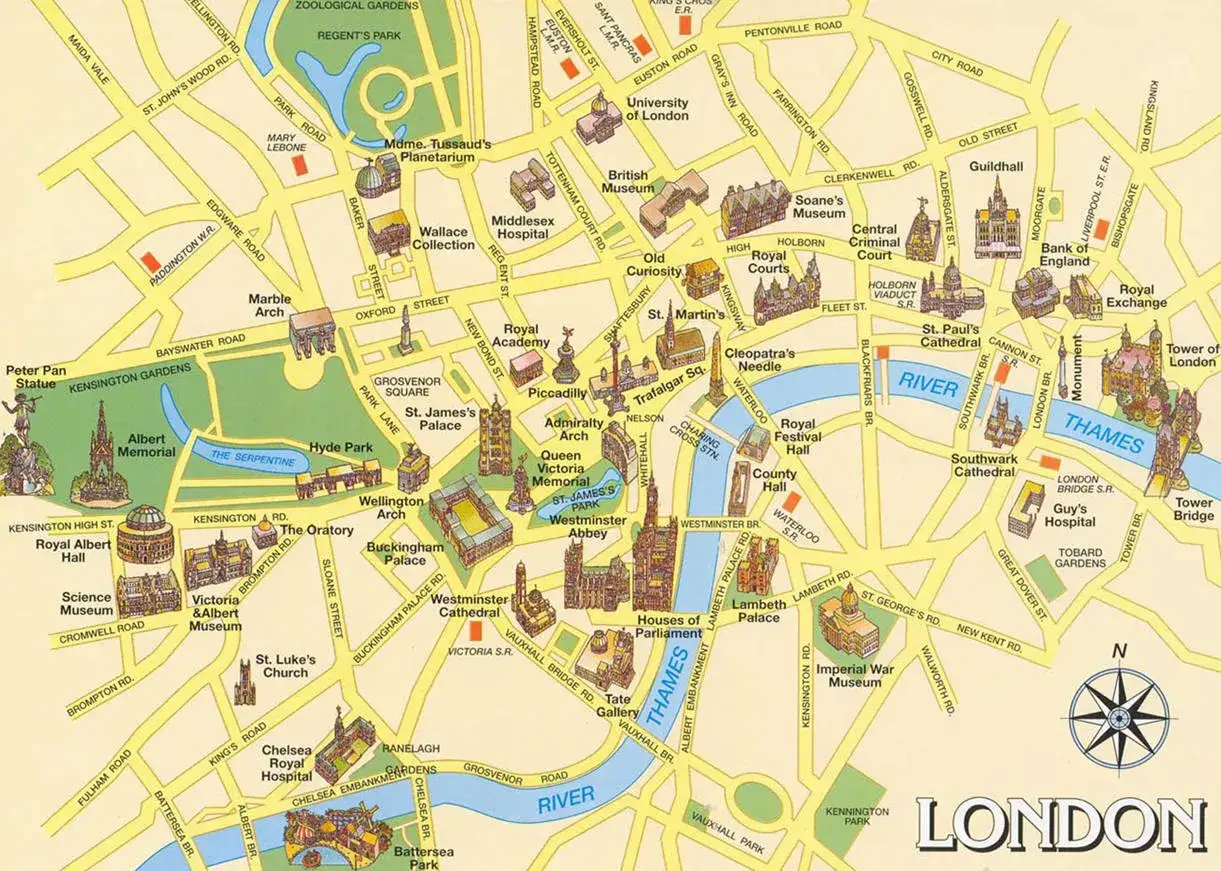 Mapa de Londres con monumentos y calles. Ideal para planificar dónde comer en Londres y visitar lugares emblemáticos.
