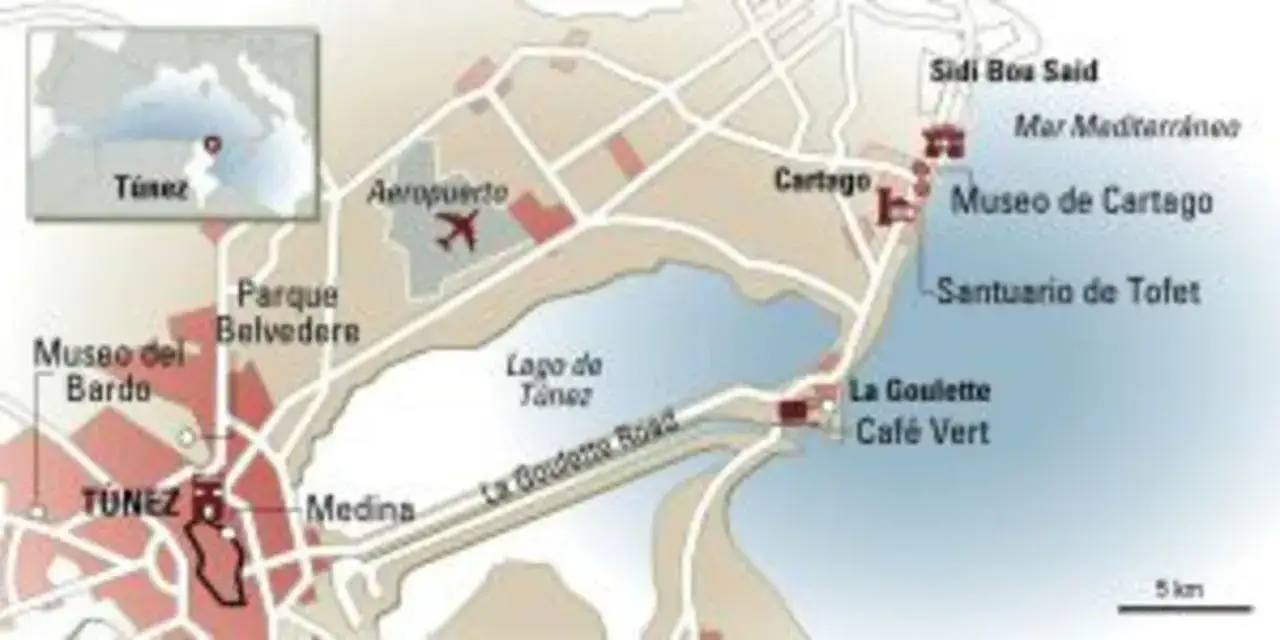 Mapa de Túnez con el aeropuerto, el Museo del Bardo, la Medina y la costa. Ideal para planificar tu viajar a Túnez.
