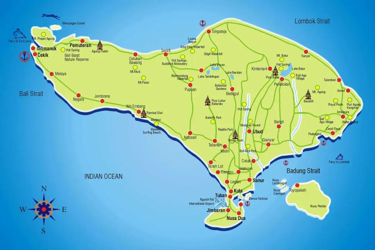 Mapa de Bali, ideal para planificar tu viaje a Indonesia. Muestra playas, templos, volcanes y ciudades como Ubud y Kuta.