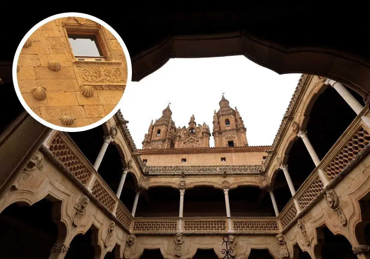 Detalles de conchas en la fachada de la Casa de las Conchas, un lugar emblem&aacute;tico para un free tour Salamanca.