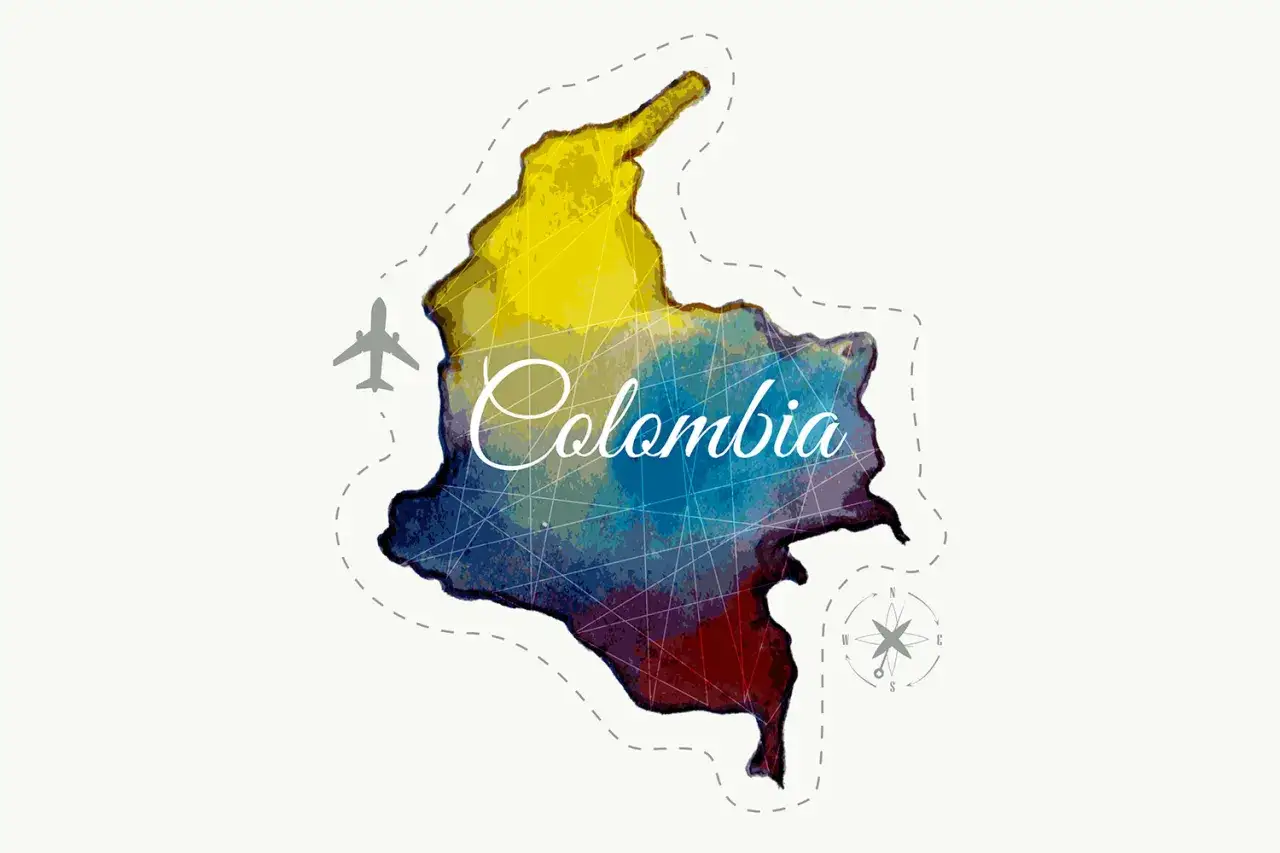 Mapa de Colombia con un avión y una brújula, sugiriendo que es seguro viajar a Colombia.