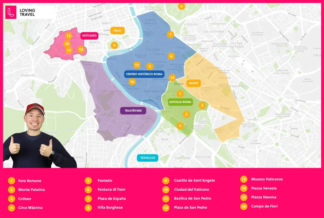 Mapa de Roma con zonas turísticas y puntos de interés, ideal para saber dónde comer en Roma. Incluye el Vaticano, Coliseo y Fontana di Trevi.