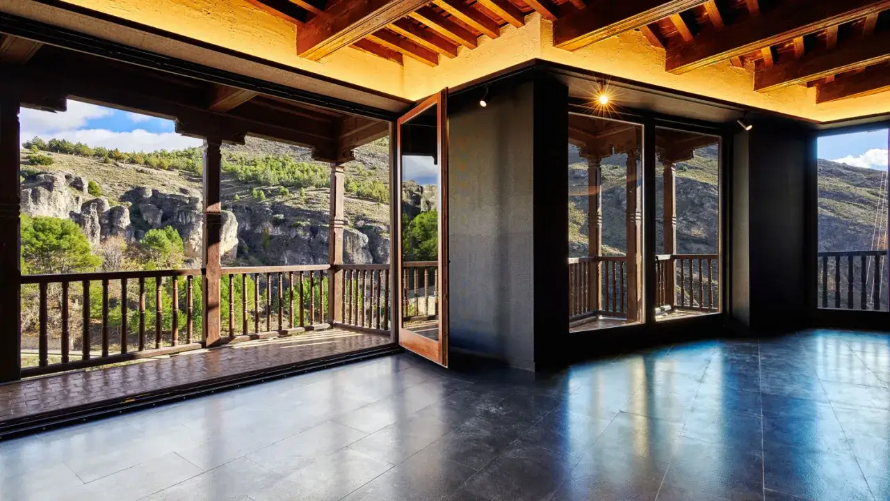 Interior moderno con vistas a un paisaje montañoso. Un lugar ideal para descubrir dónde comer en Cuenca y disfrutar de la naturaleza.