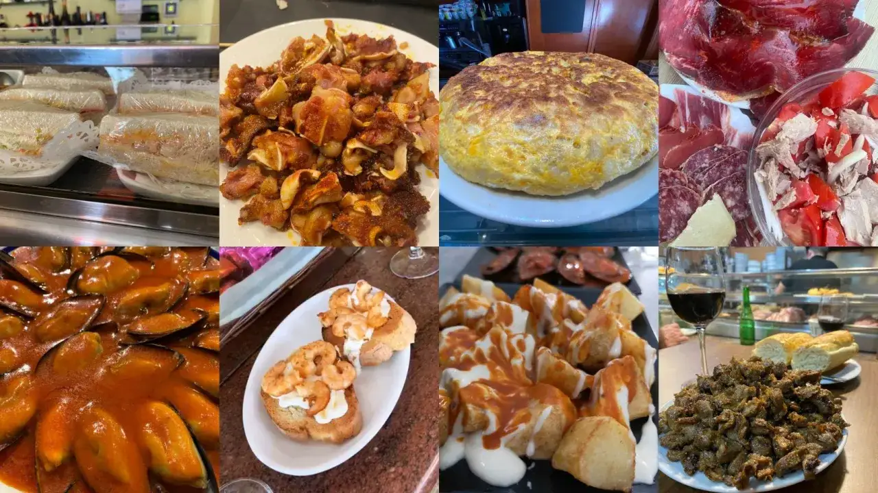 Tapas variadas: mejillones, tortilla, patatas bravas, montaditos de gambas, embutidos y más. ¡Ideas para comer en Zamora bueno y barato!