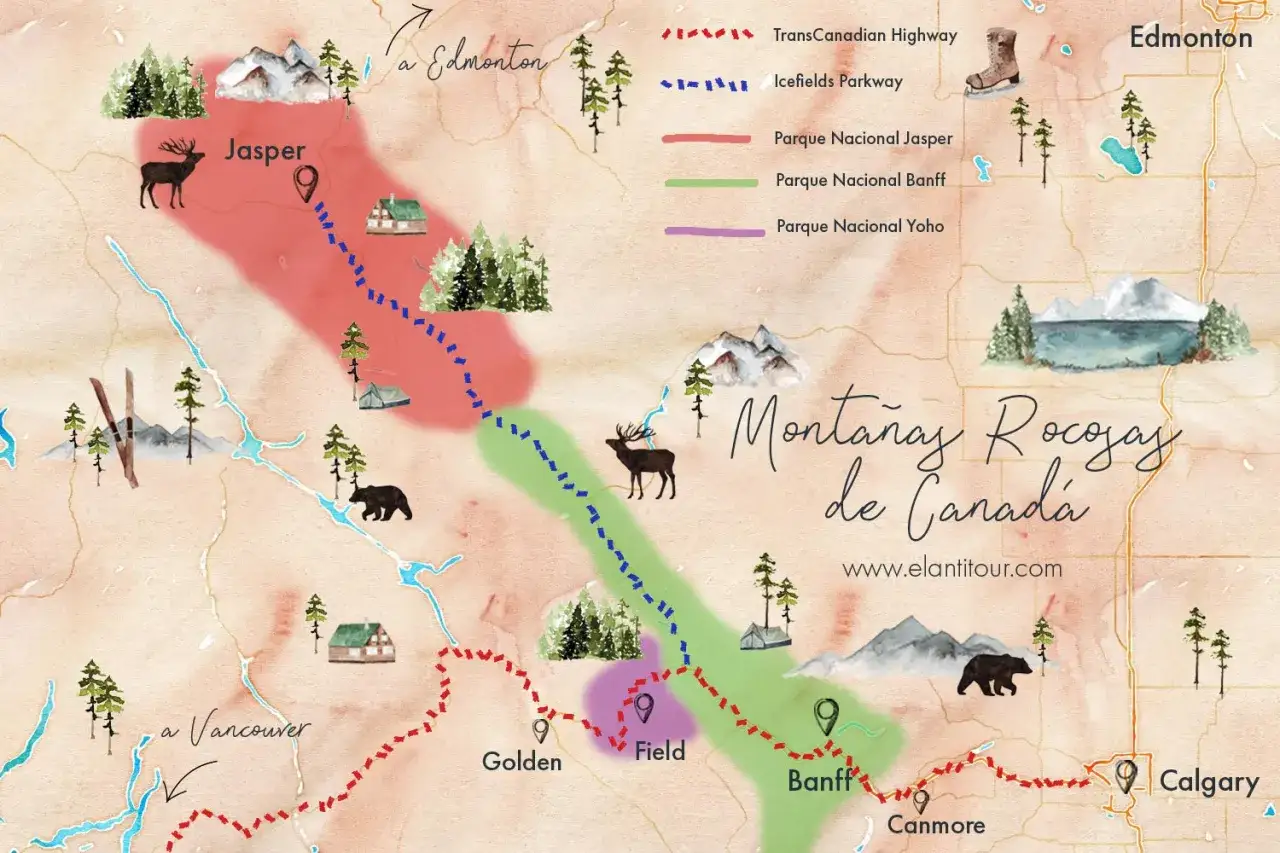 Mapa ilustrado de las Monta&ntilde;as Rocosas de Canad&aacute;, ideal para planificar tu viaje a Canad&aacute;, mostrando rutas como Icefields Parkway y parques nacionales.