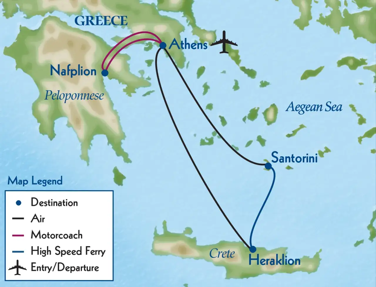 Mapa de excursiones desde Atenas: recorre el Peloponeso, Santorini y Creta en avión, ferry y autocar.