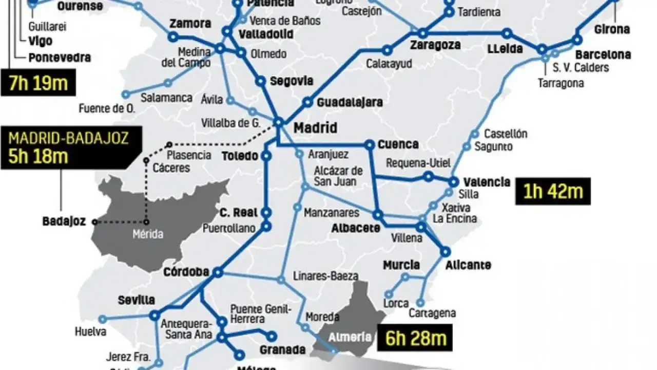 Mapa de trenes de alta velocidad en Espa&ntilde;a, mostrando rutas y tiempos de viaje. Ideal para planificar tu pr&oacute;ximo viaje por Espa&ntilde;a.