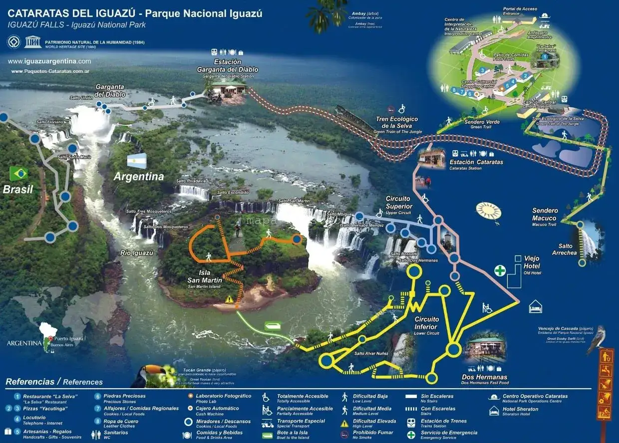 Mapa detallado de las Cataratas del Iguazú, ideal para planificar tu viaje a Brasil y Argentina, mostrando senderos, estaciones de tren y puntos de interés.