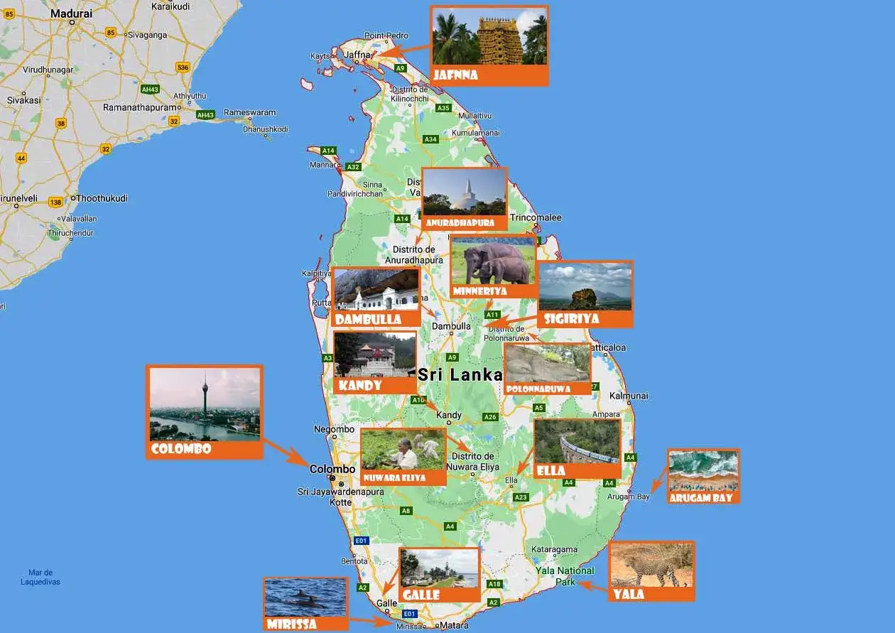 Mapa de Sri Lanka con puntos turísticos: Jaffna, Anuradhapura, Minneriya, Sigiriya, Polonnaruwa, Dambulla, Kandy, Colombo, Nuwara Eliya, Ella, Arugam Bay, Yala, Galle y Mirissa. Es seguro viajar a Sri Lanka.